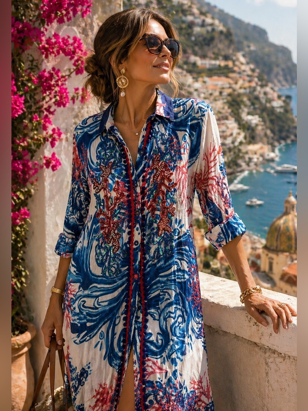 Antica Sartoria Positano Sequin Coral Print Italian Resort Cover Up Dress Size S